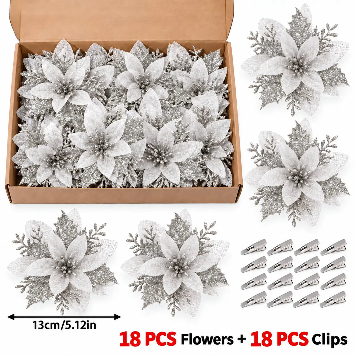 18PCS Decorative Champagne Gold Glitter Christmas Floral Picks Set - 12 ABS Plastic Artificial Poinsettia Ornaments, 6 ABS Plastic Berry Stems for Christmas Tree, Wreath, Home Decor Items