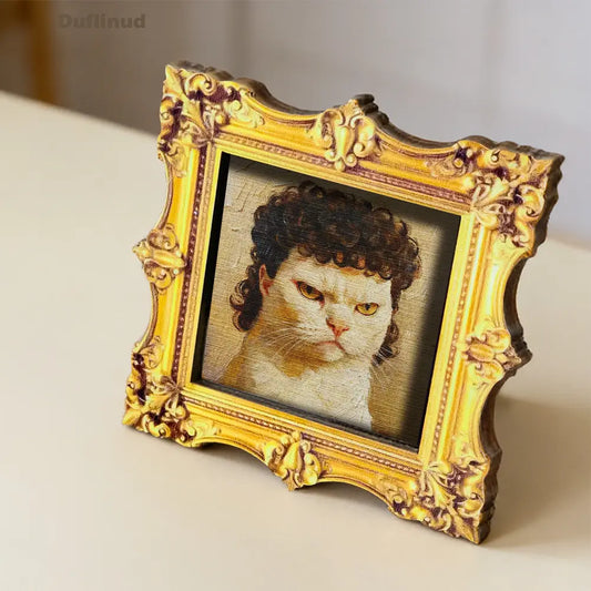 1pc DUFLINUD Wooden Framed Cat Fridge Magnet Suitable, Wood Square Frame with Realistic Oil Painting - Serious-Faced Curly-Haired Cat Decor, Back for Refrigerator Door Decoration, Holiday Gift for Cat Lovers