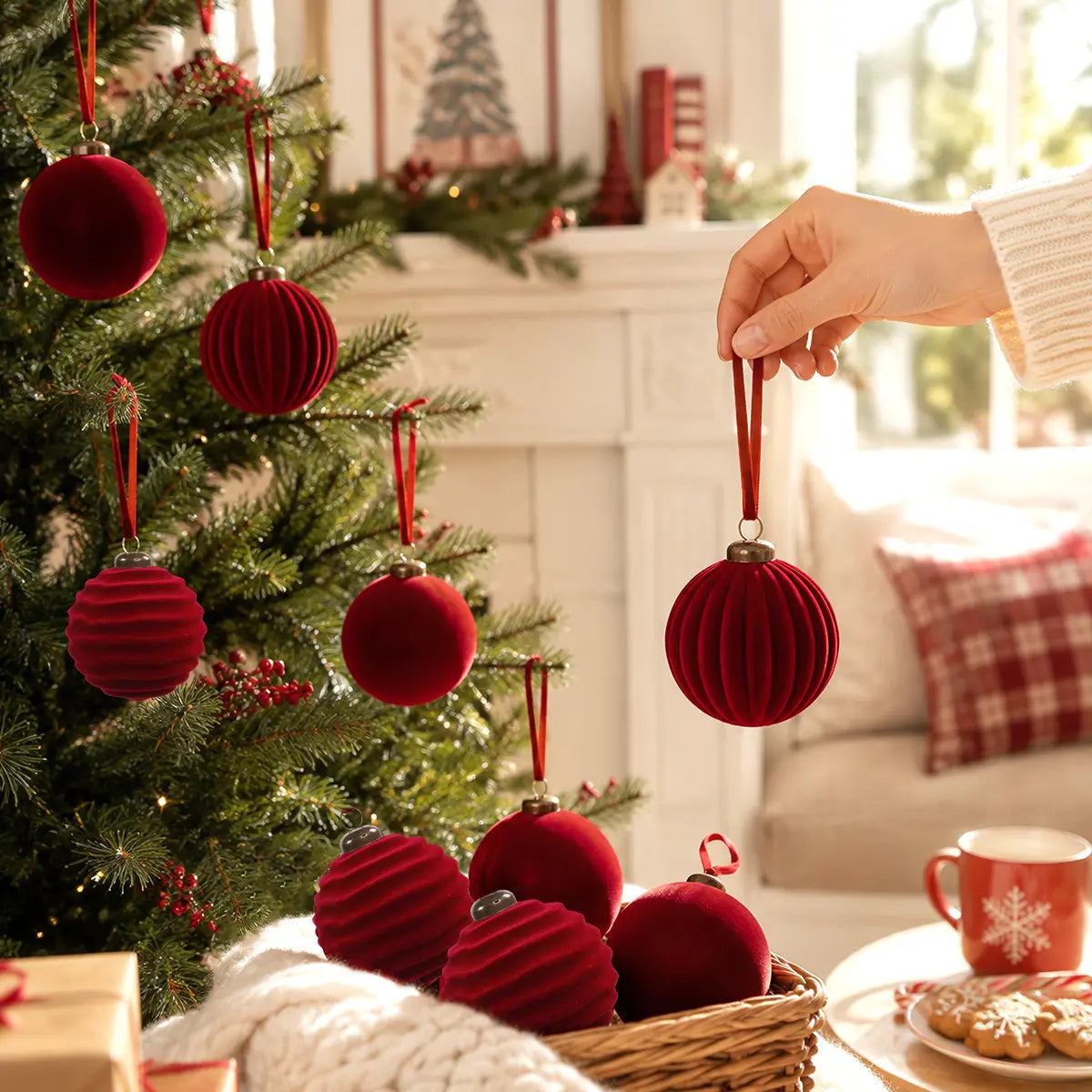 15 Pcs Red Mixed Texture Velvet Christmas Ornaments, 3.15 Inch Flocked Christmas Balls Decorations for Christmas Tree Wall Front Door Porch Home Family Holiday Wedding Party Christmas Gifts Xmas Hanging Decoration