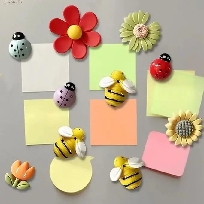 Sohochic 10-Piece Cute Resin 3D Bee & Daisy Flower Fridge Magnet Set - Animals Theme, 10 Unique Designs, Strong Hold, Glueless, Whiteboard Ready, Clean Peel-Off, Kids’ Art Display, Boxed, Anniversary Gift for Magnetic Surfaces