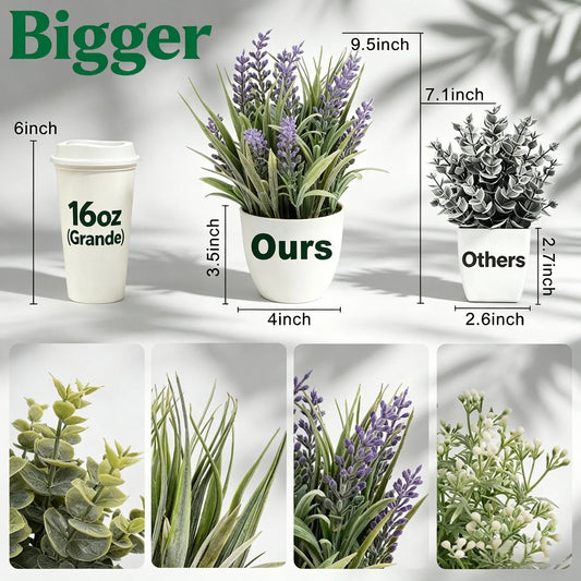 4-Pack Small Simulation Eucalyptus & Lavender Fake Leaf Plants Set - Decorative Plastic Ornaments for Farmhouse Spring-Summer Decor, Indoor Window, Table Use (Bathroom, Office Gifts Included)