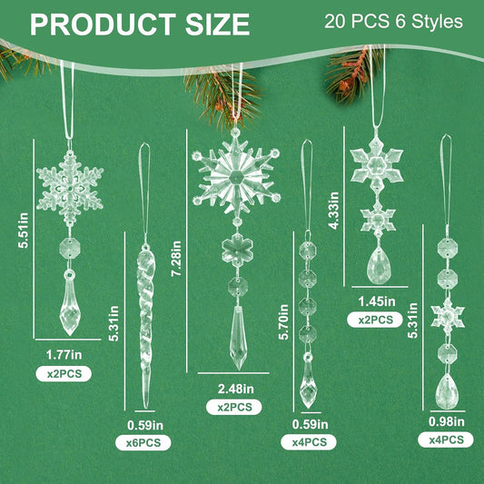 20PCS Christmas Tree Ornaments Acrylic Snowflake Icicle Crystal Ornaments