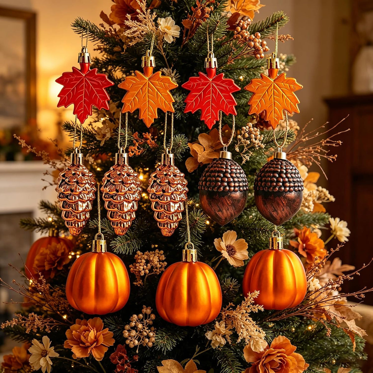 12 PCS Fall Tree Decorations Ornaments, 3D Plastic Fall Ornaments for Tree Pumpkin Leaves Pinecone Acorn Home Holiday Party Decor