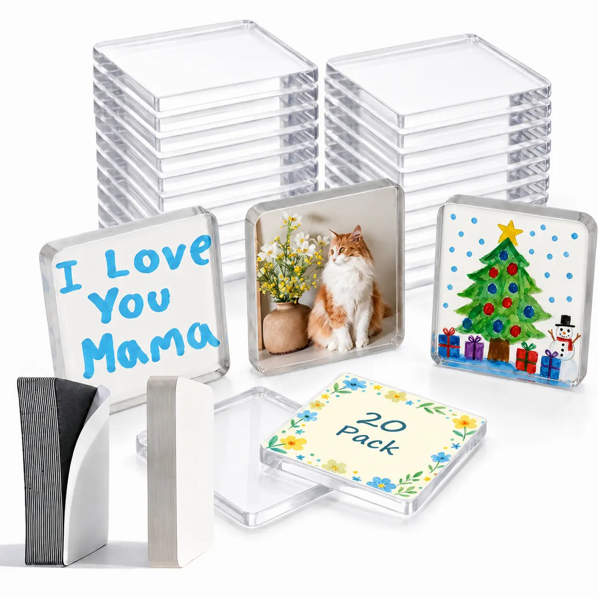 Magnetic Photo Frames 2"x2" Clear Acrylic DIY Fridge Magnets with Adhesive Backing ,Halloween Decorations,Square Magnets for Crafts, Kitchen, Classroom, Party,Office Decoration