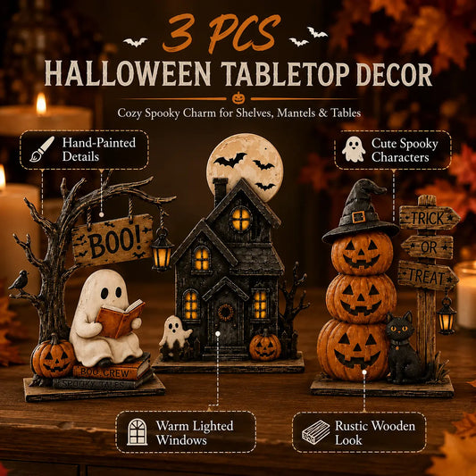3 Pcs Vintage Halloween Tabletop Decor Set, Spooky Resin Ghost Haunted House & Stacked Pumpkin Figurines with Black Cat, Trick or Treat Fall Decorations for Mantel Shelf Table