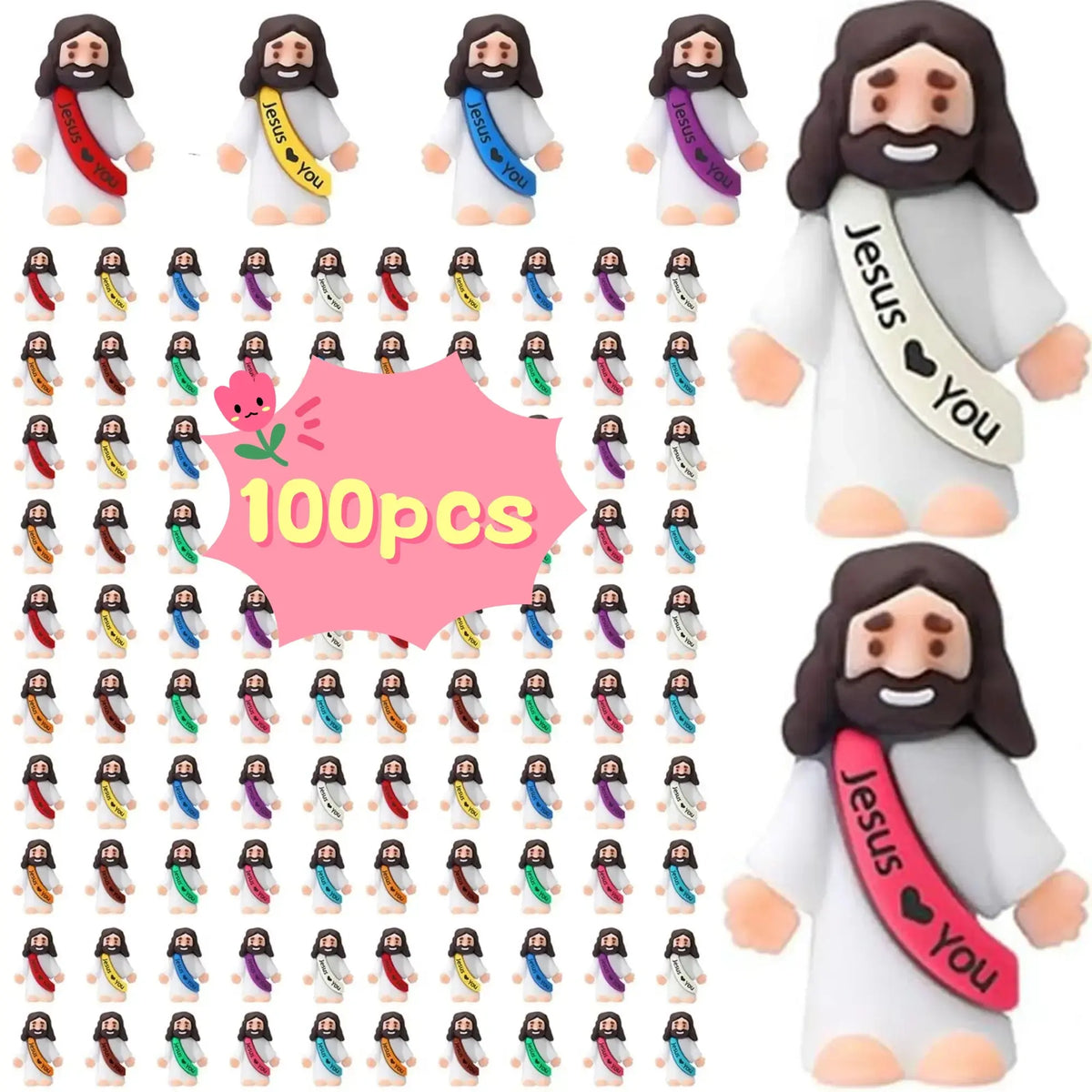 100 Pack Rubber Mini Jesus Figurines - Religious Home Decor Ornaments, Home Spiritual Decor Desk Trinkets, Church Christmas Party Favors, Easter Egg Stuffers Refill Pouch Inclusions