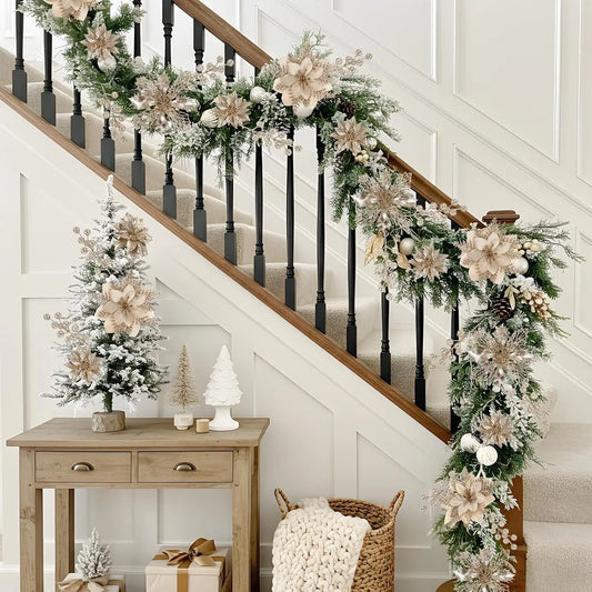 18PCS Decorative Champagne Gold Glitter Christmas Floral Picks Set - 12 ABS Plastic Artificial Poinsettia Ornaments, 6 ABS Plastic Berry Stems for Christmas Tree, Wreath, Home Decor Items