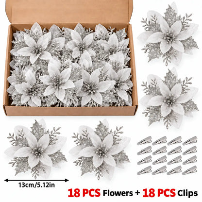 18PCS Decorative Champagne Gold Glitter Christmas Floral Picks Set - 12 ABS Plastic Artificial Poinsettia Ornaments, 6 ABS Plastic Berry Stems for Christmas Tree, Wreath, Home Decor Items