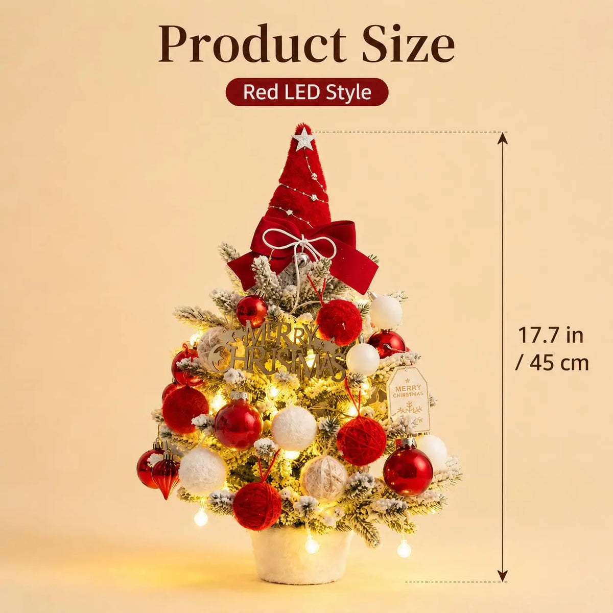 Pre‑Decorated Pink Flocked Tabletop Mini Christmas Tree with LED Lights, Bow, Baubles & Ornaments, Small Artificial Snowy Christmas Tree, 13.8in (35cm) /17.7in (45cm), for Tabletop, Desk, Home Holiday Party Decoration