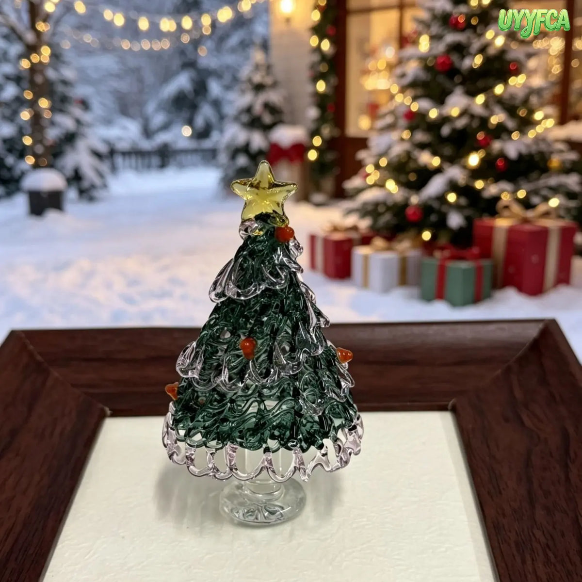 Mini Handmade Glass Christmas Tree Figurine, Blown Glass Seasonal Ornament With Golden Star Top, Cute Tabletop Holiday Sculpture For Home Office Decor, Unique Xmas Gift And Festive Collectible Craft For Family