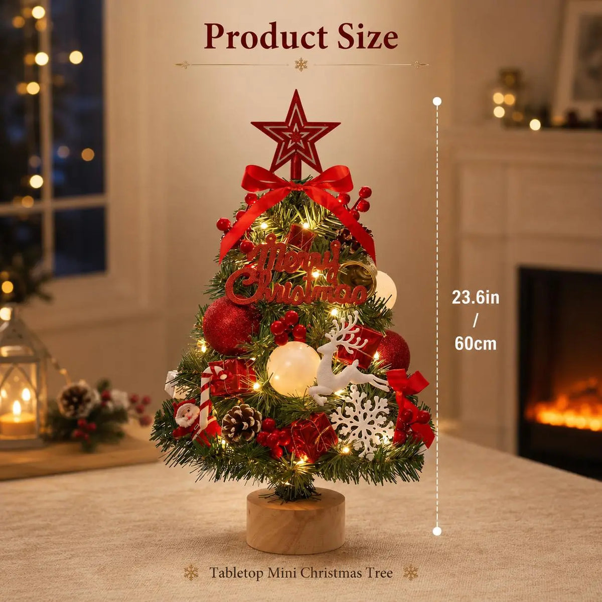 Pre‑Decorated Pink Flocked Tabletop Mini Christmas Tree with LED Lights, Bow, Baubles & Ornaments, Small Artificial Snowy Christmas Tree, 13.8in (35cm) /17.7in (45cm), for Tabletop, Desk, Home Holiday Party Decoration