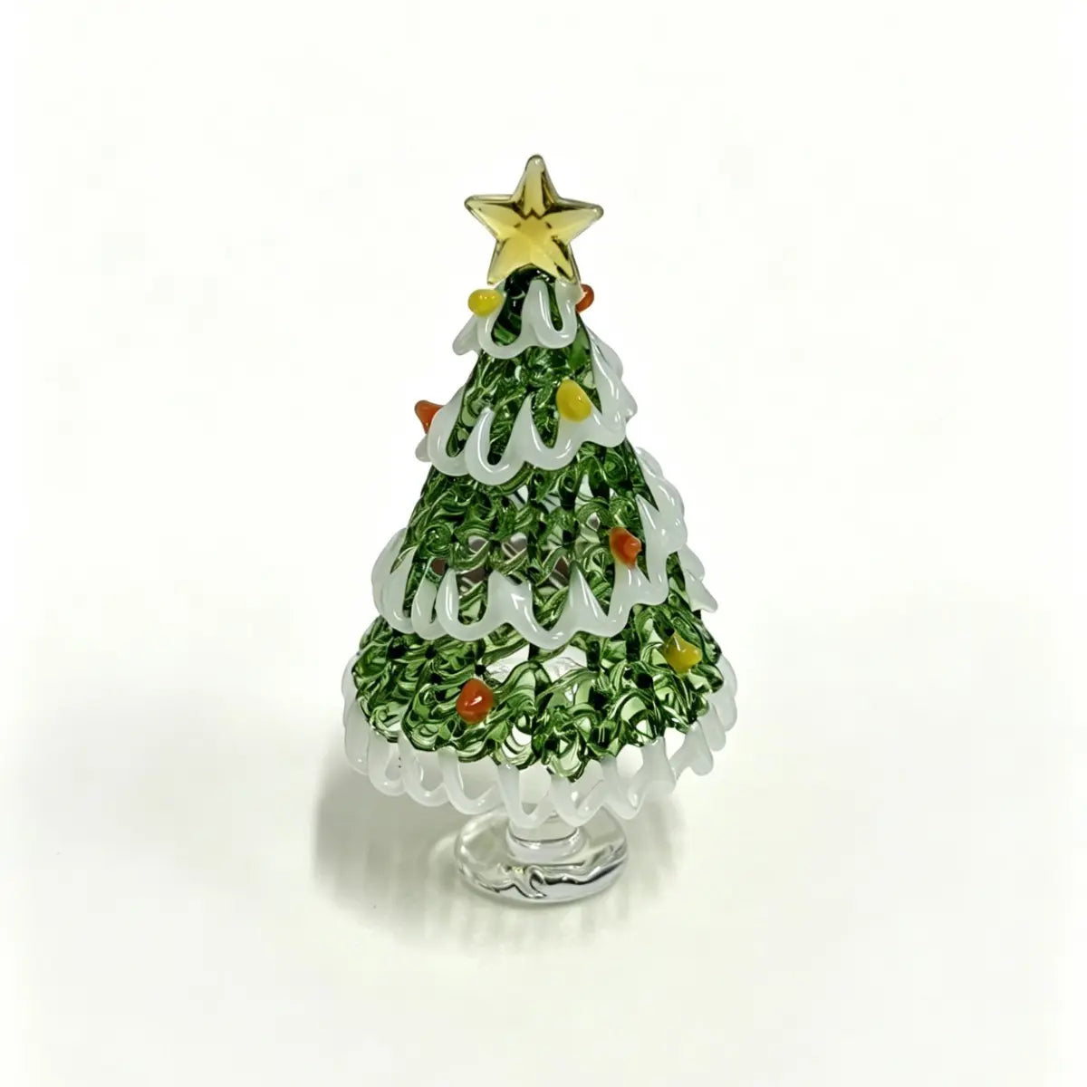 Mini Handmade Glass Christmas Tree Figurine, Blown Glass Seasonal Ornament With Golden Star Top, Cute Tabletop Holiday Sculpture For Home Office Decor, Unique Xmas Gift And Festive Collectible Craft For Family