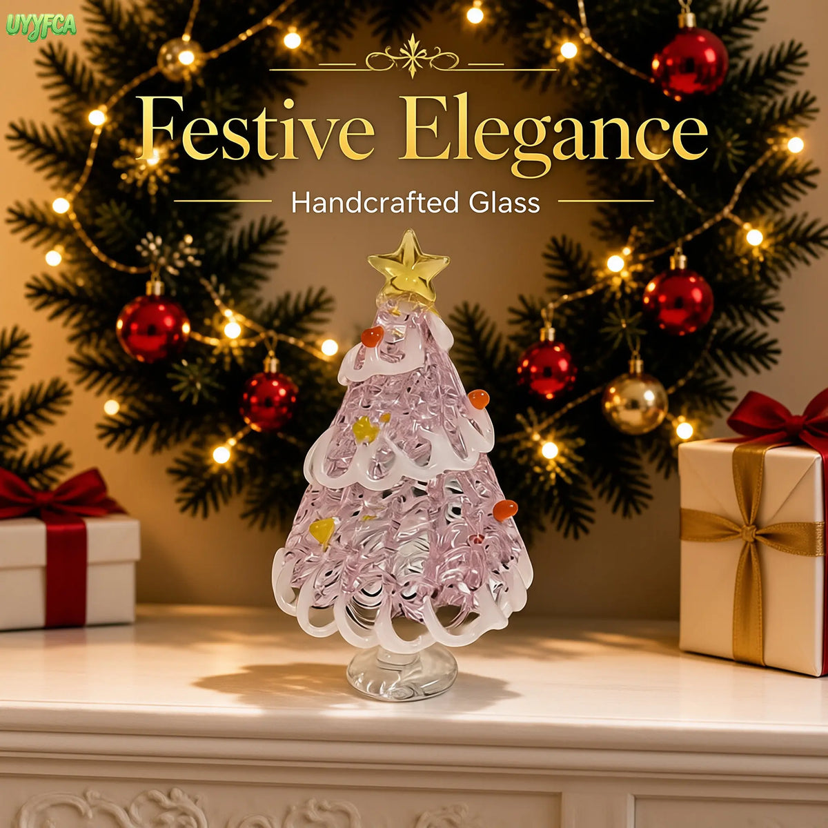 Hand Blown Glass Christmas Tree Tabletop Figurine, Artisan Crafted Glass Ornament With Star Topper, Mini Christmas Decor Statue For Desk Display, Holiday Home Decoration And Unique Christmas Gift For Family Friends
