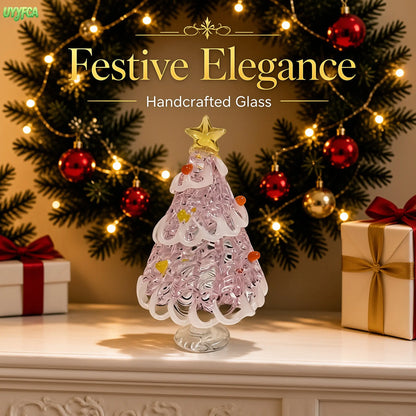 Hand Blown Glass Christmas Tree Tabletop Figurine, Artisan Crafted Glass Ornament With Star Topper, Mini Christmas Decor Statue For Desk Display, Holiday Home Decoration And Unique Christmas Gift For Family Friends