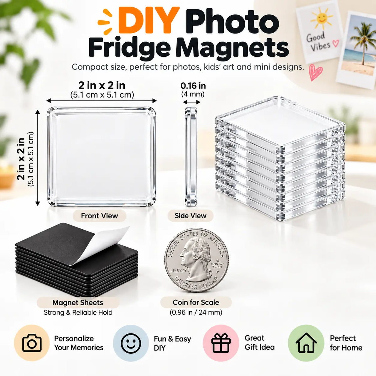 10/20-Pack 2"x2" Adhesive-Backed DIY Magnetic Refrigerator Magnets Set, Clear Acrylic DIY Refrigerator Magnets with Adhesive Backing for Pictures, Crafts, Gifts & Home Decoration