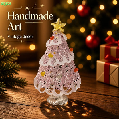Hand Blown Glass Christmas Tree Tabletop Figurine, Artisan Crafted Glass Ornament With Star Topper, Mini Christmas Decor Statue For Desk Display, Holiday Home Decoration And Unique Christmas Gift For Family Friends