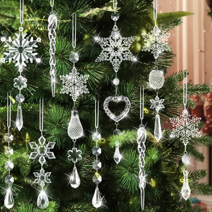 21pcs Bulk Shatterproof Corded Christmas Tree Decorative Ornament Set - Hanging Acrylic Snowflake Icicle Drops, 6-Style Mix with 2pcs Small & 3pcs Large Snowflakes for Home Winter Party Supplies, Wall Decor