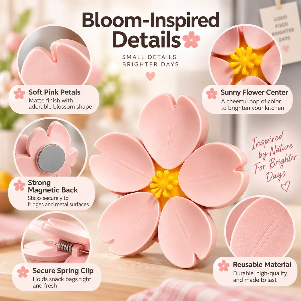 Cherry Blossom Magnetic Fridge Clips, Cute Flower Refrigerator Magnets & Snack Bag Sealing Clips, Reusable Kitchen Food Storage Clips for Home, Office & Fridge Decor