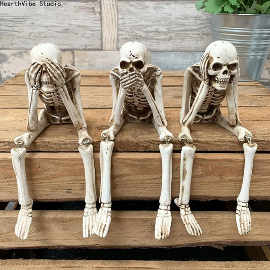 3 Wise Skeleton Statue with Hanging Legs - See-Hear-Speak No Evil Gothic Shelf Sitter, Spooky Resin Decoration Figure, Whimsical Home Decor, Unique Decor, Halloween Hammock Accessory Gift