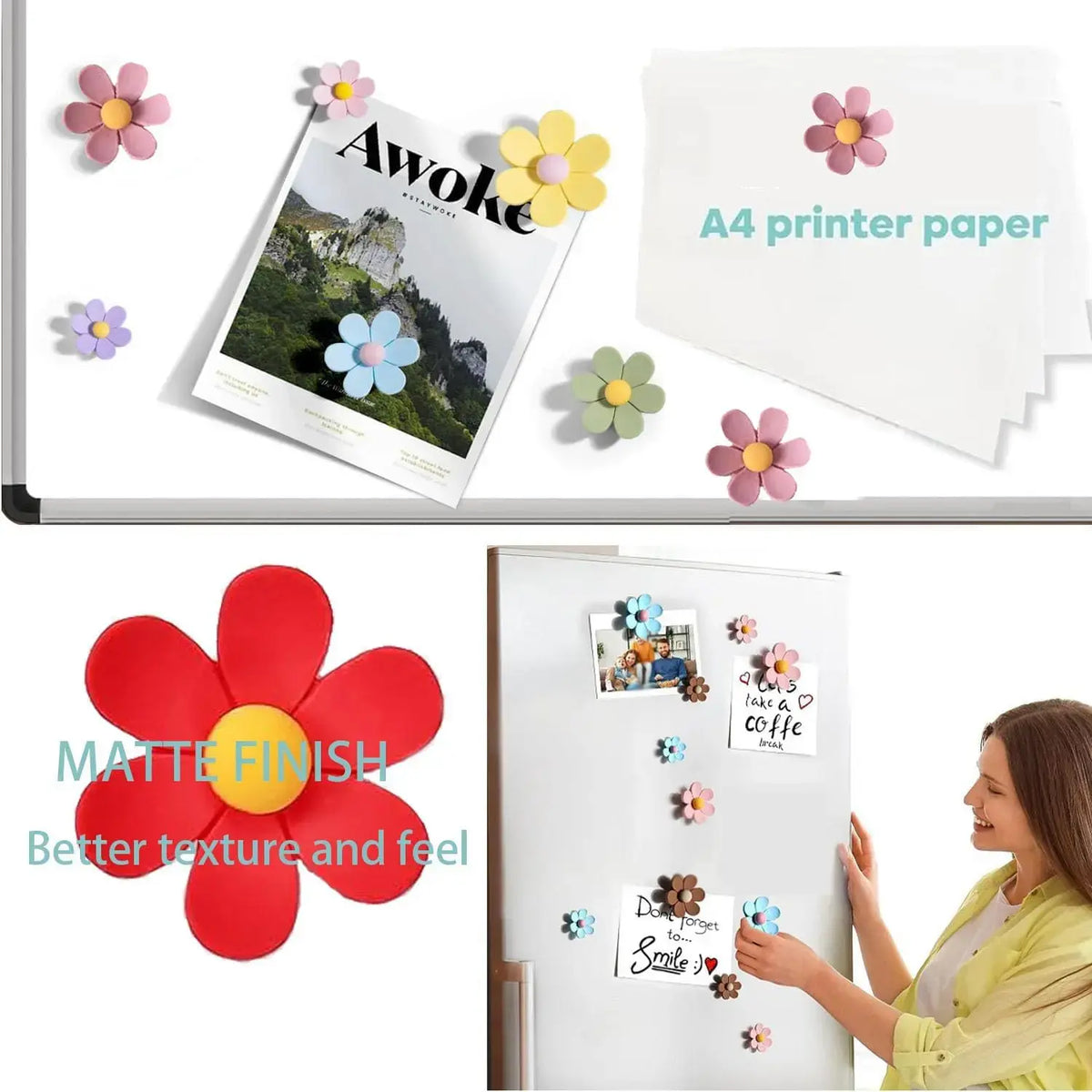 10 Oversized 3D Flower Magnetic Fridge Magnets, Vibrant Decorative Stickers for Storage Cabinets, Whiteboards, Kitchens & Offices
