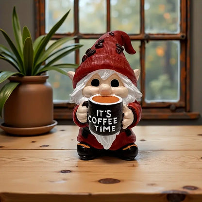 Cute Coffee Cup Holding Dwarf Resin Figurine, Desk Entryway Decorative Ornament, Small Atmosphere Enhancing Item, Perfect for Home Decoration