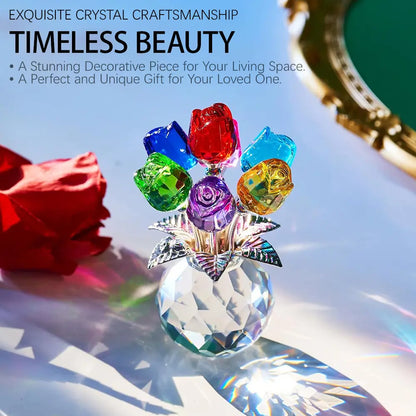 Crystal Rose Bouquet Figurine - Little Glass Rose Flower Statue Sculpture for Desk & Bookshelf - Decorative Ornament for Bedroom, Living Room, Office & Home Decor - Unique Birthday, Valentine's Day, Wedding Anniversary & Christmas Gift Idea for Lover