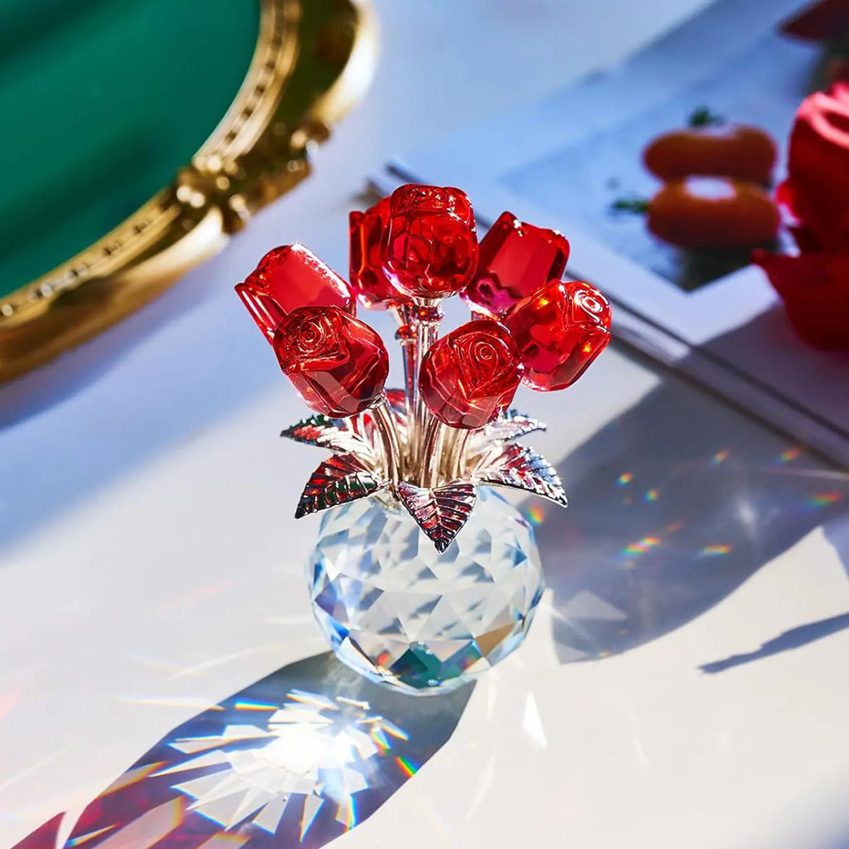Crystal Rose Bouquet Figurine - Little Glass Rose Flower Statue Sculpture for Desk & Bookshelf - Decorative Ornament for Bedroom, Living Room, Office & Home Decor - Unique Birthday, Valentine's Day, Wedding Anniversary & Christmas Gift Idea for Lover