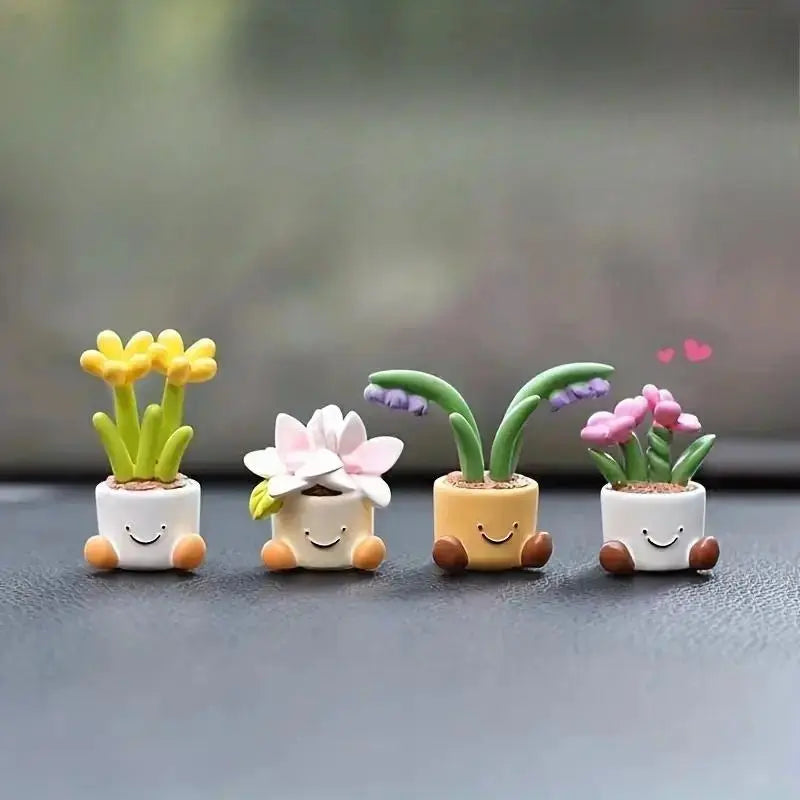 4-Pack Textured Mini Decorative Flower Pot Ornaments Set - Artificial Plants, Synthetic Romantic Graphic Polka Dot Decor, Fashion Accessory for Car Dashboard & Desktop (Home Office Use), Animals