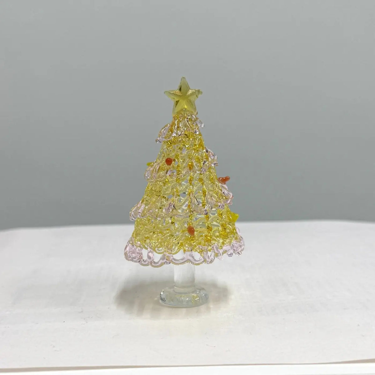 Mini Handmade Glass Christmas Tree Figurine, Blown Glass Seasonal Ornament With Golden Star Top, Cute Tabletop Holiday Sculpture For Home Office Decor, Unique Xmas Gift And Festive Collectible Craft For Family