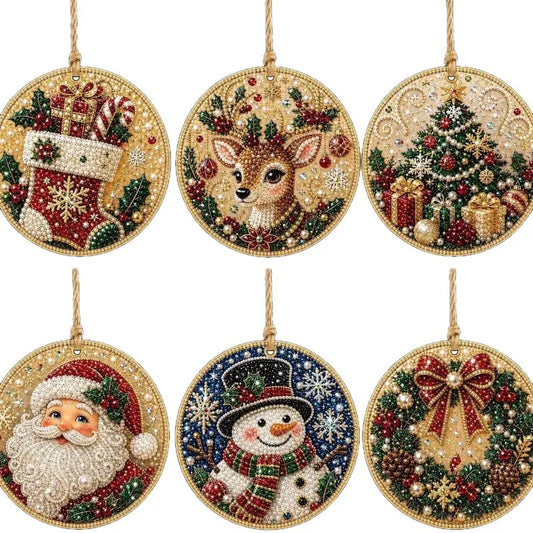 6Pcs/12pcs Christmas Ornaments DIY Pearl Art Kits,Hanging Diamond Art Christmas Ornament Set with Pearl Beads & Shaped Gems, Includes a hanging cord; suitable for holiday window displays or as a Christmas tree ornament.