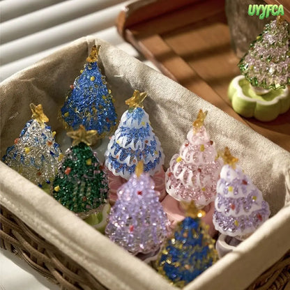Mini Handmade Glass Christmas Tree Figurine, Blown Glass Seasonal Ornament With Golden Star Top, Cute Tabletop Holiday Sculpture For Home Office Decor, Unique Xmas Gift And Festive Collectible Craft For Family