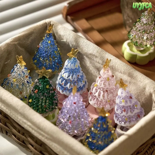 Mini Handmade Glass Christmas Tree Figurine, Blown Glass Seasonal Ornament With Golden Star Top, Cute Tabletop Holiday Sculpture For Home Office Decor, Unique Xmas Gift And Festive Collectible Craft For Family