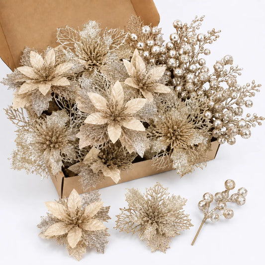 18PCS Decorative Champagne Gold Glitter Christmas Floral Picks Set - 12 ABS Plastic Artificial Poinsettia Ornaments, 6 ABS Plastic Berry Stems for Christmas Tree, Wreath, Home Decor Items