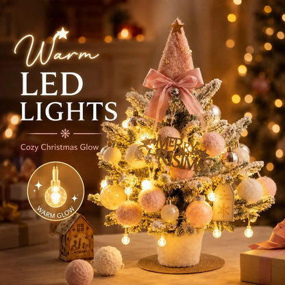 Pre‑Decorated Pink Flocked Tabletop Mini Christmas Tree with LED Lights, Bow, Baubles & Ornaments, Small Artificial Snowy Christmas Tree, 13.8in (35cm) /17.7in (45cm), for Tabletop, Desk, Home Holiday Party Decoration