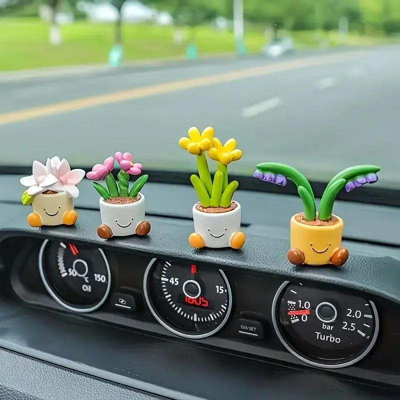 4 Counts Kawaii Mini Plant Figurines with Smiley Face Pots, Resin Flower Pot Decorations for Car Dashboard, Desk, Office and Home, Cute Cartoon Succulent Style Ornaments, Small Decorative Accessories