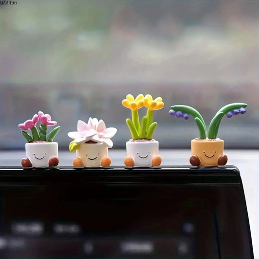 4-Pcs Premium Texture Figurine Set, Small Plant Size Decor Accessories, Delicate Multipurpose Ornaments for Automobile Dashboard, Desktop Display, Gift-Ready Indoor Styling