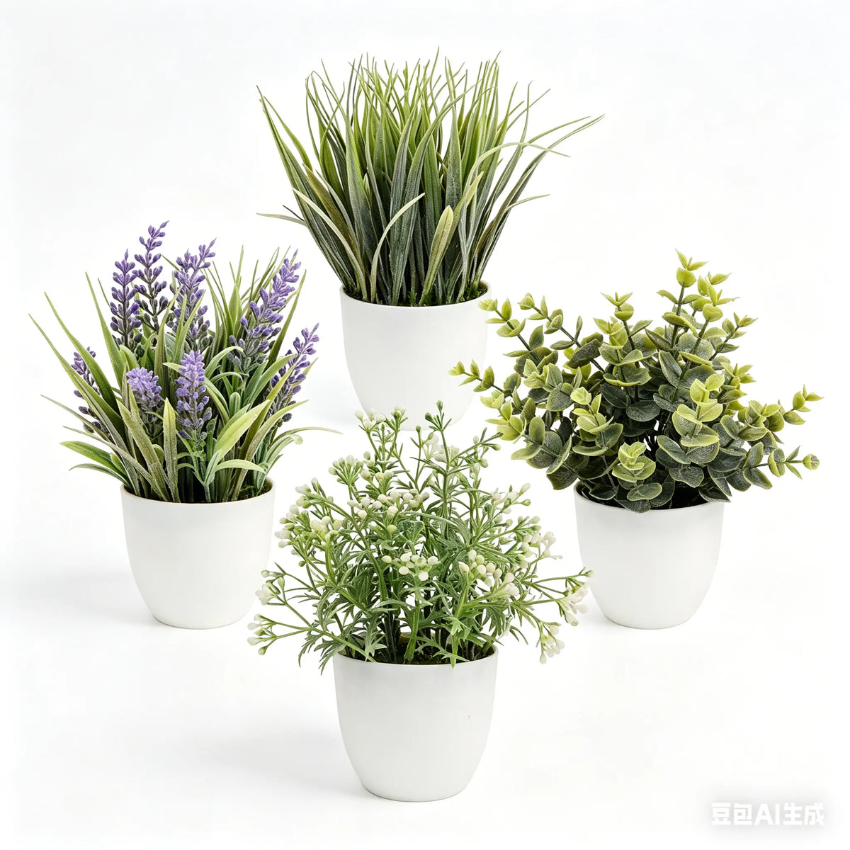 4-Pack Small Simulation Eucalyptus & Lavender Fake Leaf Plants Set - Decorative Plastic Ornaments for Farmhouse Spring-Summer Decor, Indoor Window, Table Use (Bathroom, Office Gifts Included)