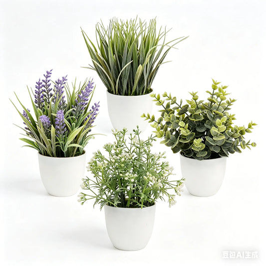 4-Pack Small Simulation Eucalyptus & Lavender Fake Leaf Plants Set - Decorative Plastic Ornaments for Farmhouse Spring-Summer Decor, Indoor Window, Table Use (Bathroom, Office Gifts Included)