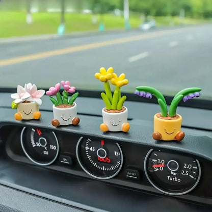 4-Pack Textured Mini Decorative Flower Pot Ornaments Set - Artificial Plants, Synthetic Romantic Graphic Polka Dot Decor, Fashion Accessory for Car Dashboard & Desktop (Home Office Use), Animals