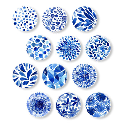 12Pcs Refrigerator Magnets Blue and White Glass Mini Strong Fridge Magnets Aesthetic Magnets for Office,School,Whiteboards,Cabinets-Blue Flower