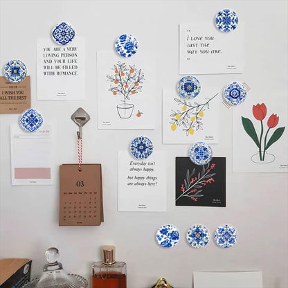 12Pcs Refrigerator Magnets Blue and White Glass Mini Strong Fridge Magnets Aesthetic Magnets for Office,School,Whiteboards,Cabinets-Blue Flower