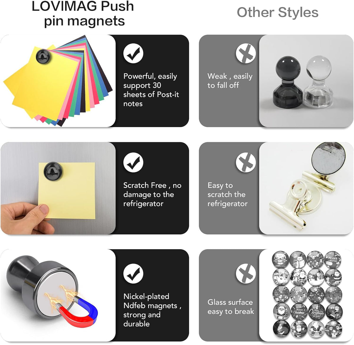 LOVIMAG Fridge Magnets 16 Pack Magnet Refrigerator Locker Whiteboard Black