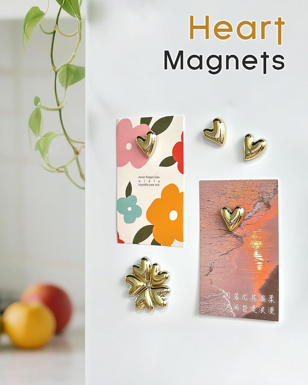 18 Pcs Cute Heart Decorative Magnets，Gold Fridge Magnets，Home Kitchen Magnets Set Decorative for Office Whiteboards (18 Pcs - Gold)