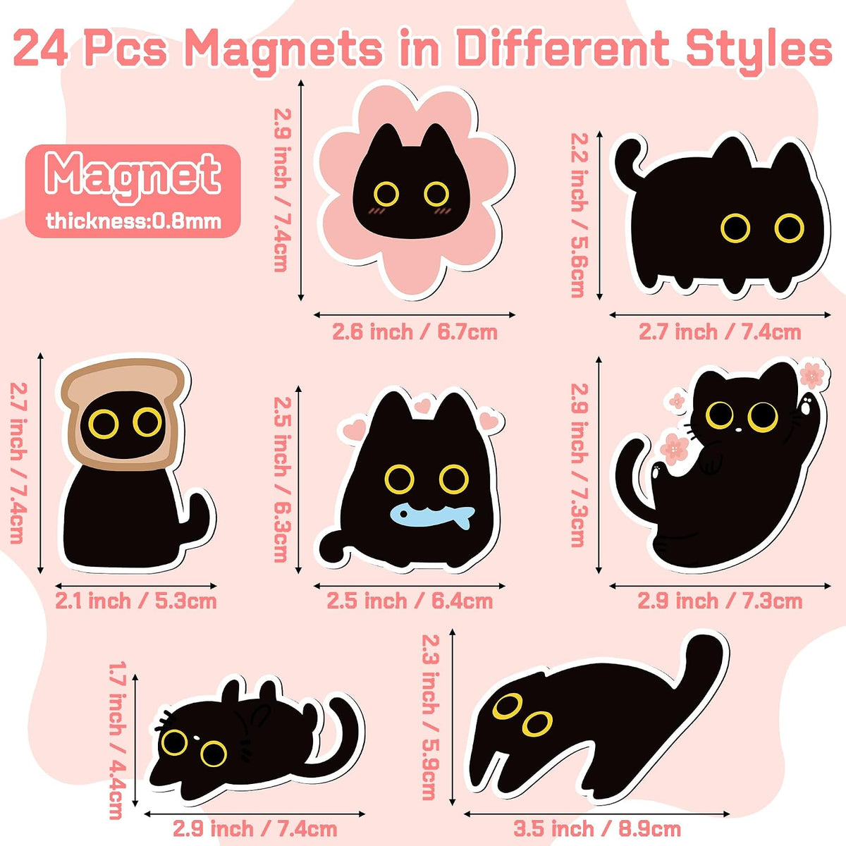 MALLMALL6 24Pcs Cute Black Cat Fridge Magnets, Novelty Gift for Cat Lover, Spring Refrigerator Magnetic Sticker Decor Accessories with Flower Bread Fish for Home Kitchen Office Locker Mailbox Door