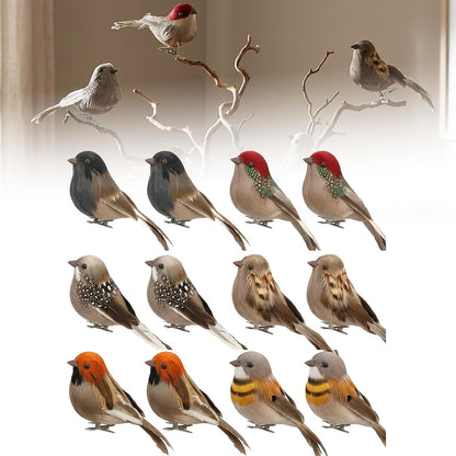 12 Pack Clip-on Artificial Feather Birds - Realistic Fake Sparrow Ornaments for Christmas Tree Wreath Yard Patio Garden Home Decor