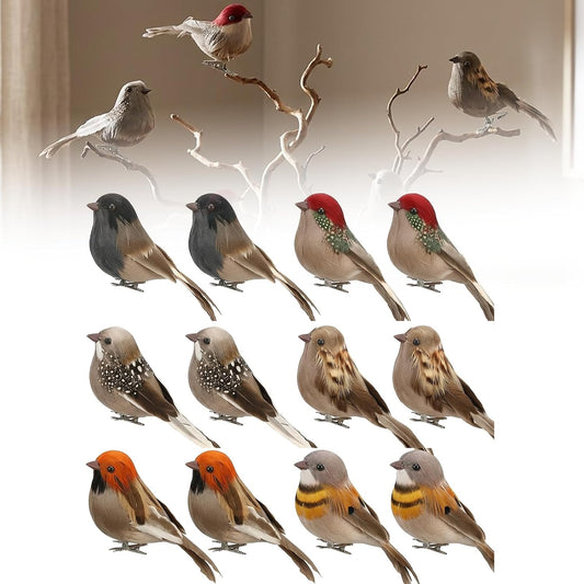 12 Pack Clip-on Artificial Feather Birds - Realistic Fake Sparrow Ornaments for Christmas Tree Wreath Yard Patio Garden Home Decor