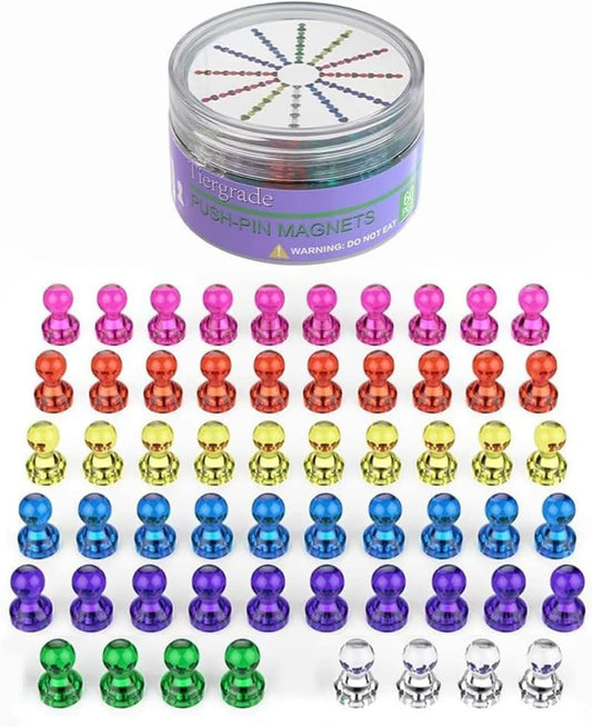 Push Pin Magnets - 58 Pack 7 Assorted Color Strong, Office, Use at Kitchen Home and School Classroom, for Refrigerator Dry Erase Board and Whiteboard.