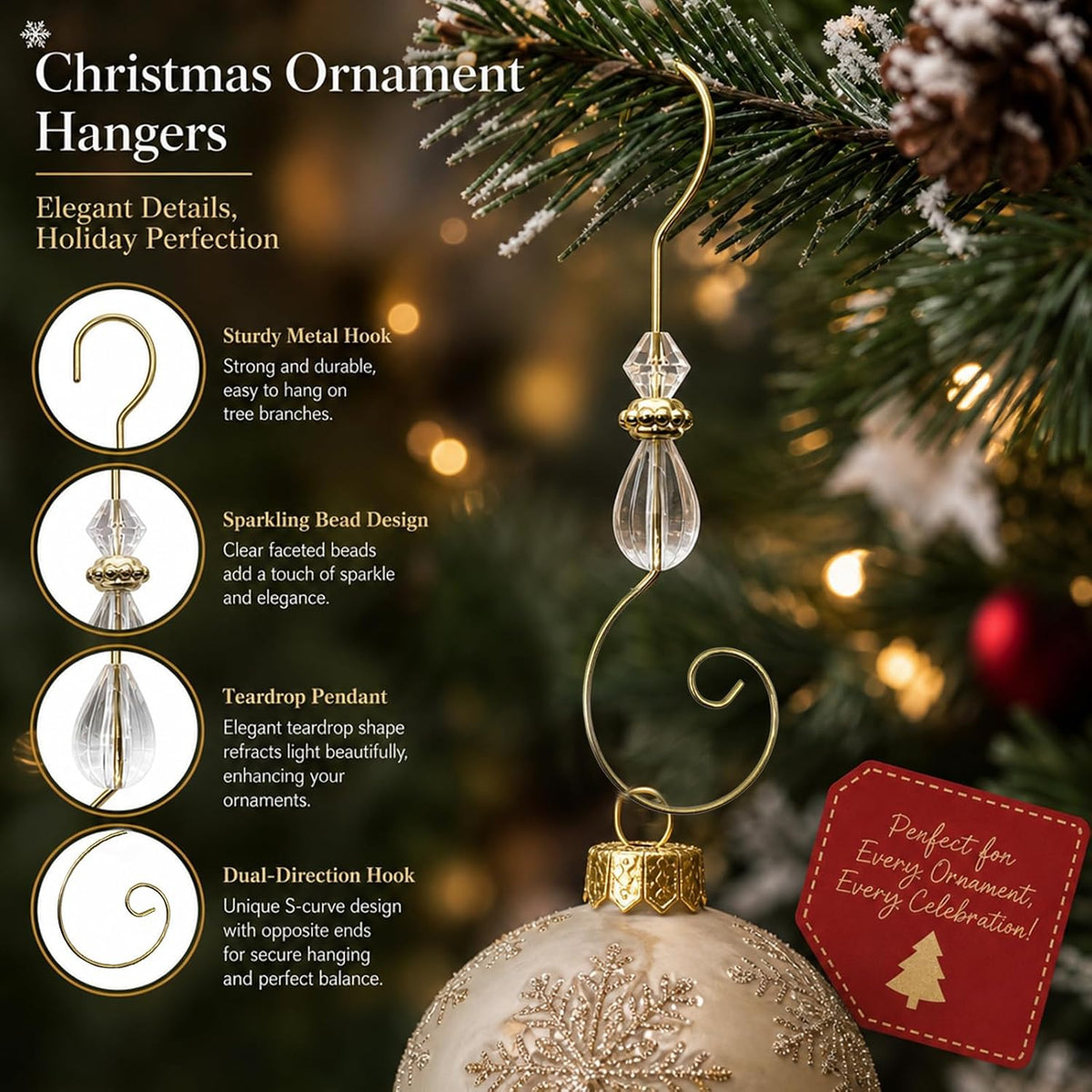 Furimuk 20 Pcs Christmas Ornament Hooks Beaded Hangers with Clear Acrylic Wire Gold S-Shaped Hangers Hook Swirl Hanger Metal Hooks with Crystal Beaded for Crafts Xmas Tree Decoration