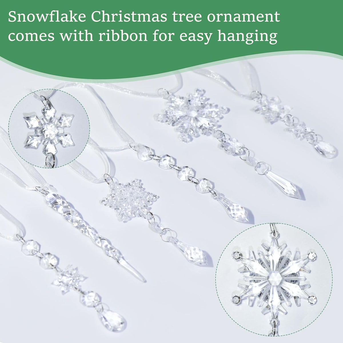 20PCS Christmas Tree Ornaments Acrylic Snowflake Icicle Crystal Ornaments