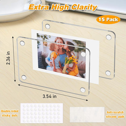 SUNEZLGO 15 Pack Acrylic Fridge Magnetic Frame for Polaroid, 2.36x3.54 In Mini Picture Frames for Fujifilm Instax Mini, Double Sided Photo Refrigerator Magnet Picture Frame Clear Picture Display Frame